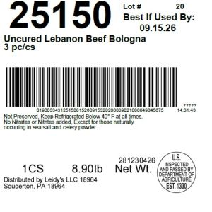 Uncured Lebanon Beef Bologna 3 pc/cs