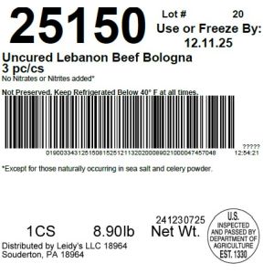 Uncured Lebanon Beef Bologna 3 pc/cs