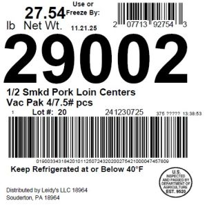 1/2 Smkd Pork Loin Centers Vac Pak 4/7.5# pcs