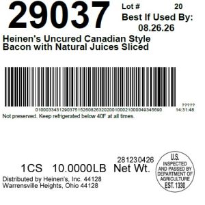 Heinen's Uncured Canadian Style Bacon with Natural Juices Sliced