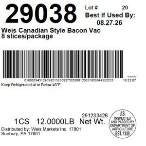 Weis Canadian Style Bacon Vac 8 slices/package