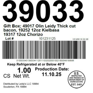 Gift Box; 49017 Olin Leidy Thick cut bacon, 19252 12oz Kielbasa