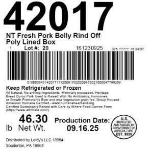 NT Fresh Pork Belly Rind Off Poly Lined Box