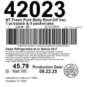 NT Fresh Pork Belly Rind Off Vac 1 pcs/pack & 4 packs/case