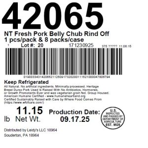 NT Fresh Pork Belly Chub Rind Off 1 pcs/pack & 8 packs/case