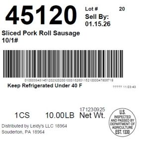 Sliced Pork Roll Sausage 10/1#