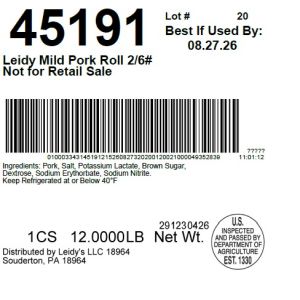 Leidy Mild Pork Roll 2/6# Not for Retail Sale