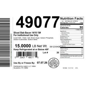 Sliced Slab Bacon 14/18 15# For Institutional Use Only