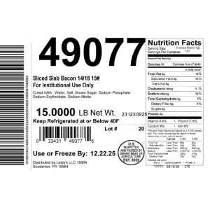 Sliced Slab Bacon 14/18 15# For Institutional Use Only