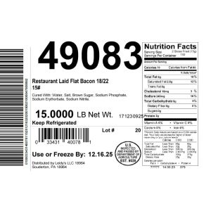 Restaurant Laid Flat Bacon 18/22 15#