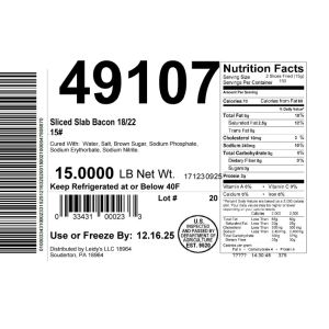 Sliced Slab Bacon 18/22 15#