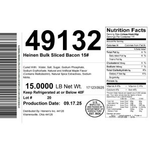 Heinen Bulk Sliced Bacon 15#