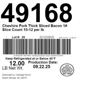 Cheshire Pork Thick Sliced Bacon 1# Slice Count 10-12 per lb
