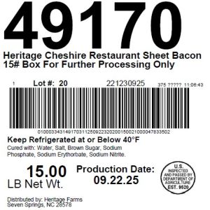 Heritage Cheshire Restaurant Sheet Bacon 15# Box For Further Processing Only