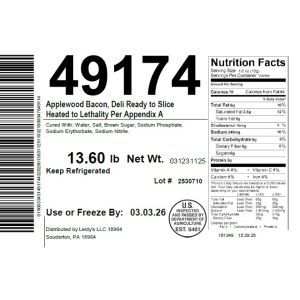 Applewood Bacon, Deli Ready to Slice Heated to Lethality Per Appendix A