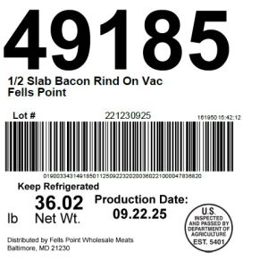 1/2 Slab Bacon Rind On Vac Fells Point