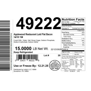Applewood Restaurant Laid Flat Bacon 14/18 15#