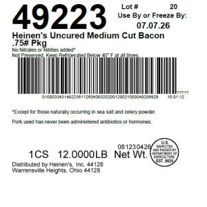 Heinen's Uncured Medium Cut Bacon .75# Pkg