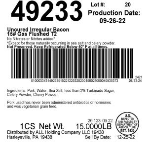 Uncured Irregular Bacon 15# Gas Flushed