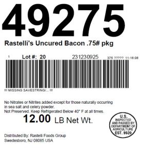 Rastelli's Uncured Bacon .75# pkg