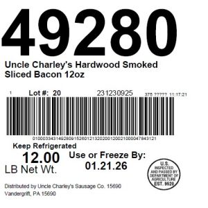 Uncle Charley's Hardwood Smoked Sliced Bacon 12oz