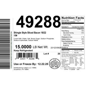 Shingle Style Sliced Bacon 18/22 15#