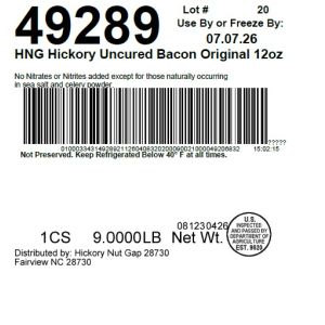HNG Hickory Uncured Bacon Original 12oz