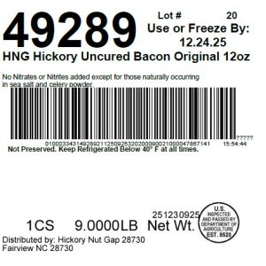 HNG Hickory Uncured Bacon Original 12oz