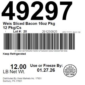 Weis Sliced Bacon 16oz Pkg 12 Pkg/Cs