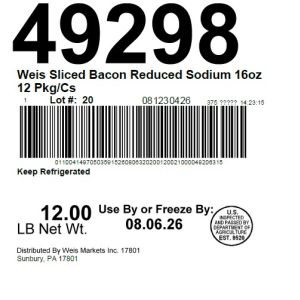 Weis Sliced Bacon Reduced Sodium 16oz 12 Pkg/Cs