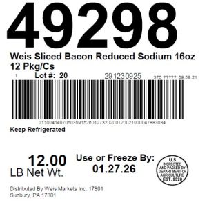 Weis Sliced Bacon Reduced Sodium 16oz 12 Pkg/Cs