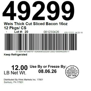 Weis Thick Cut Sliced Bacon 16oz 12 Pkgs/ CS
