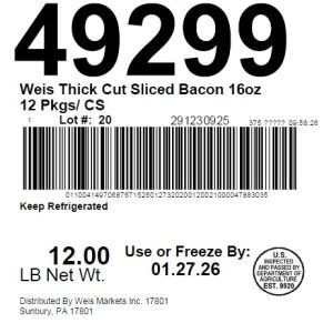 Weis Thick Cut Sliced Bacon 16oz 12 Pkgs/ CS