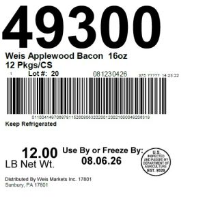 Weis Applewood Bacon  16oz 12 Pkgs/CS