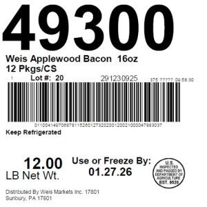 Weis Applewood Bacon  16oz 12 Pkgs/CS