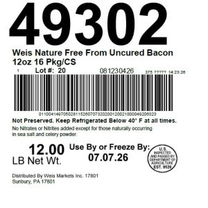 Weis Nature Free From Uncured Bacon 12oz 16 Pkg/CS