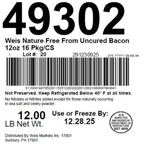 Weis Nature Free From Uncured Bacon 12oz 16 Pkg/CS