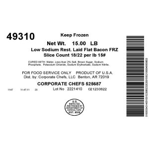 Low Sodium Rest. Laid Flat Bacon FRZ Slice Count 18/22 per lb 15#