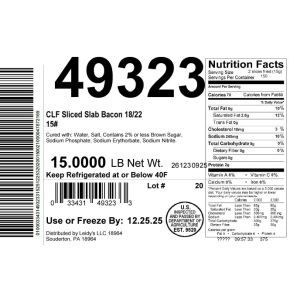 CLF Sliced Slab Bacon 18/22 15#