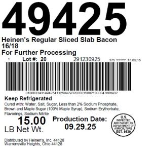 Heinen's Regular Sliced Slab Bacon 16/18