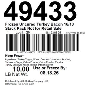 Frz Uncured Turkey Bacon 16/18 Stack Pack Not for Retail Sale