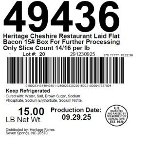 Heritage Cheshire Restaurant Laid Flat Bacon 15# Box For Further Processing