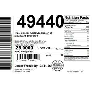 Triple Smoked Applewood Bacon 5# Slice count 14/18 per #