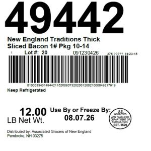 New England Traditions Thick Sliced Bacon 1# Pkg 10-14