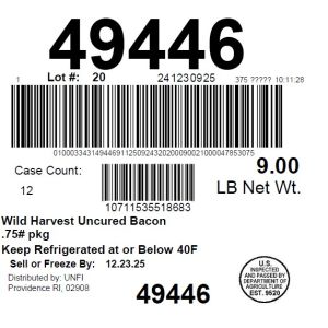 Wild Harvest Uncured Bacon .75# pkg