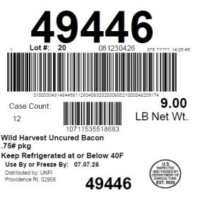 Wild Harvest Uncured Bacon .75# pkg