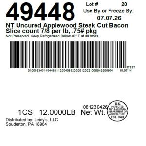 NT Uncured Applewood Steak Cut Bacon Slice count 7/8 per lb, .75# pkg