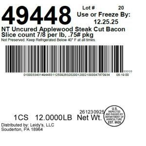 NT Uncured Applewood Steak Cut Bacon Slice count 7/8 per lb, .75# pkg