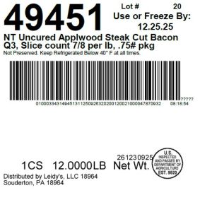 NT Uncured Applwood Steak Cut Bacon Q3, Slice count 7/8 per lb, .75# pkg