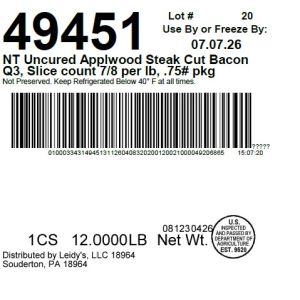 NT Uncured Applwood Steak Cut Bacon Q3, Slice count 7/8 per lb, .75# pkg